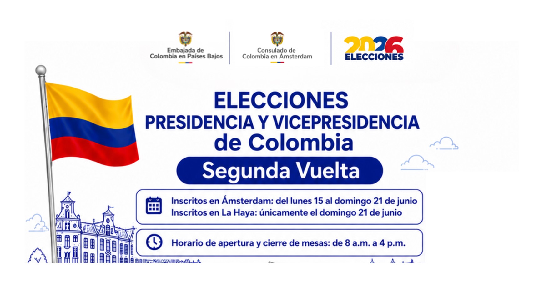 Información sobre las Elecciones de Presidencia y Vicepresidencia de Colombia 2026 – Segunda Vuelta en la circunscripción de Países Bajos