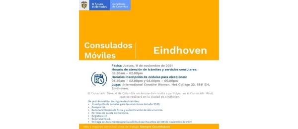 Jornada de Consulado Móvil en Eindhoven, 11 de noviembre de 2021. Se atenderá con cita previa