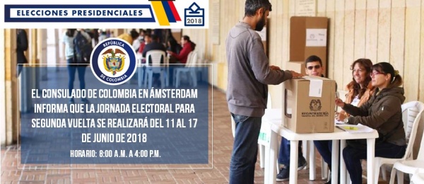 Consulado de Colombia en Ámsterdam informa que la jornada electoral para segunda vuelta se realizará del 11 al 17 de junio de 2018 
